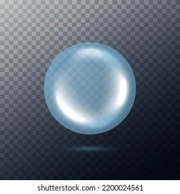 Soap bubble isolated on transparent background. Glass circle with shadow. Big realistic soap bubble blue color. Round sphere for concept cleaning. Abstract bead for design print. Vector illustration