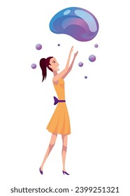 Soap bubble kids leisure. Adult make big soap ball for children play with flying soapy balloon. People blow foam sphere