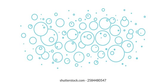 Soap bubble line icon, bath pattern, soda background, foam bg outline design, abstract laundry, cartoon blue air cloud, fizz drink, effervescent water isolated on white background. Vector illustration