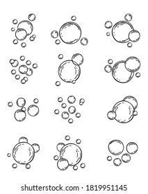 Soap Bubble Line Icons Set. Vector Soap Water Bubbles, Soap Foam, Fizzy Drink, Oxygen Bubble Pictogram, Effervescent Effect Illustrations, Outline Signs. Bubbles Isolated Linear Icons