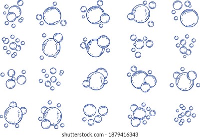 Soap bubble line icons set. Vector Soap water bubbles, Soap foam, fizzy drink, oxygen bubble pictogram, effervescent effect illustrations, outline signs. Bubbles isolated linear icons