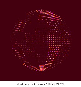 Soap bubble made from glowing panels. Checkerboard checkered irregular palette. Vector texture of tiles. Luminous sphere. Logo or icon for your project. Disco ball broken plane. Volume sea from dots.