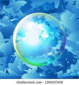 Soap Bubble on blue abstract watercolor background in vector. Light and fresh summer backdrop.