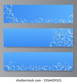 Soap bubble on blue background. Banners of transparent foam bubble, great design for web and print