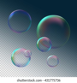 Burbuja de jabón sobre fondo negro gris oscuro aislado ilustración vectorial con jabón arco iris Las burbujas se cierran.