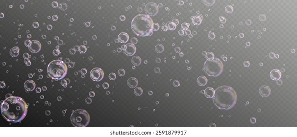 Soap bubble on transparent background. Realistic flying soap bubbles of round shape, different sizes on an isolated transparent dark background. Transparent Liquid bubbles for design.