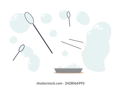 Soap Bubble Party Items Set Includes Bubble Wands With Hoops, Basin With Soapy Solution, Cartoon Vector Illustration