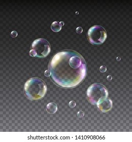 Soap bubble with rainbow colors isolated on white background. Realistic vector water foam bubbles set. Colorful iridescent ball or sphere template.
