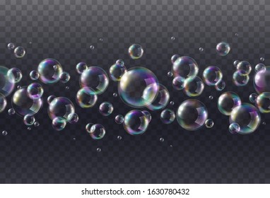 Soap bubble with rainbow colors isolated on transparent background. Realistic vector water bubble foam seamless pattern. Colorful iridescent balls or spheres border.