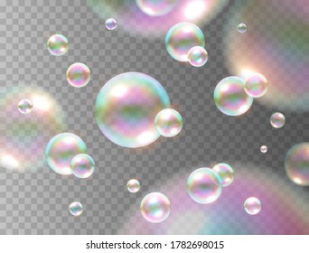 Soap bubble with rainbow colors isolated on transparent background. Realistic vector water foam elements. Colorful iridescent balls or spheres template.