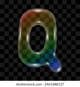 Soap bubble with a rainbow gradient in the shape of the letter Q on a transparent background. Vector illustration