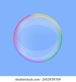Soap bubble with rainbow reflection on blue background.  Vector glossy oxygen magic flying balloon. For web, banners, greeting cards, posters, window decoration, packaging.
