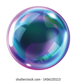 Soap bubble, realistic transparent air sphere of rainbow colors with reflections and highlights isolated on white background, vector illustrations