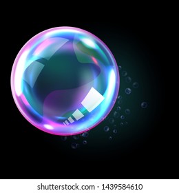Soap bubble, realistic transparent air sphere of rainbow colors with reflections and highlights isolated on black background, vector illustrations