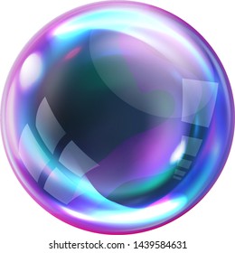 Soap bubble, realistic transparent air sphere of rainbow colors with reflections and highlights isolated on white background, vector illustrations