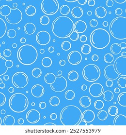 Soap bubble. Seamless pattern blue water line bubbles. Doodle foam soap. Hand drawn rounded soda drink, fizzy texture. Cleaning bathroom shower drop. Sketch aqua vector background.