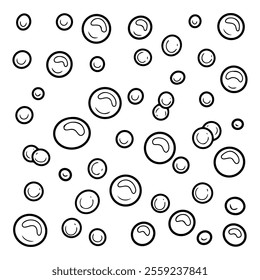 Soap bubble set hand drawn doodle. Round object filled with air. Transparent, shiny foam. Light, flying. Vector line art illustration.