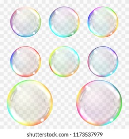 Soap bubble. Set of multicolored transparent bubbles with glares, highlights and gradient. Transparency only in vector format. Can be used with any background.