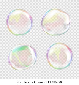 Soap bubble. Set of multicolored transparent bubbles with glares, highlights and gradient. Custom spheres, shapes and colors. Vector illustration on light gray background. For your design and business
