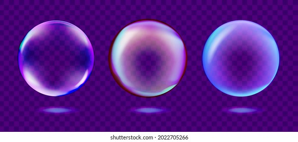 Soap Bubble Set in Realistic Style isolated on Purple Transparent Background. Vector illustration.