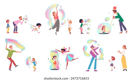 Soap bubble show. People play blowing big giant bubble children playing blower toy foam birthday party, fun kids game or circus animators performance classy vector illustration of bubble soap blowing