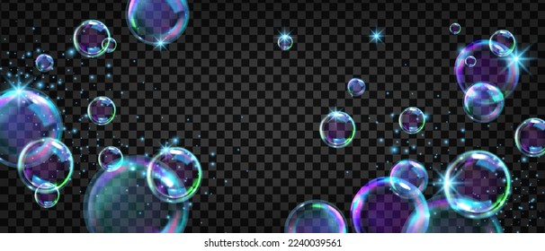 Soap bubble vector background, transparent 3D air rainbow ball banner, magic glass sphere collection. Shampoo round foam, isolated glossy circle shapes, flying shiny objects. Soap bubble illustration