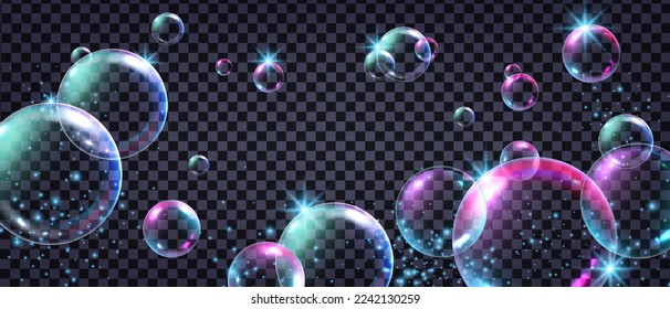 Soap bubble vector transparent background, 3D rainbow foam suds ball, magic color air spheres. Shampoo fresh background, glossy flying aqua balloons, realistic laundry texture. Bright soap bubble