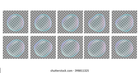 Soap bubble  vibrations sprites, vector frames for animation. Transparent soap bubbles with glares and gradients. EPS 10 vector illustration on light gray background. For your design or amimation