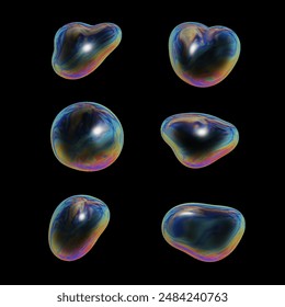 Soap bubbles 3d, group of realistic soap bubbles of different shapes, liquid with iridescent benzine refraction. Transparent, on a black background