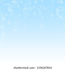Soap bubbles abstract background. Blowing bubbles on winter sky background. Breathtaking soapy foam overlay template. Sightly vector illustration.
