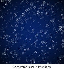 Soap bubbles abstract background. Blowing bubbles on dark blue night background. Bold soapy foam overlay template. Exotic vector illustration.