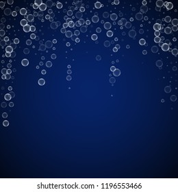 Soap bubbles abstract background. Blowing bubbles on dark blue night background. Breathtaking soapy foam overlay template. Resplendent vector illustration.