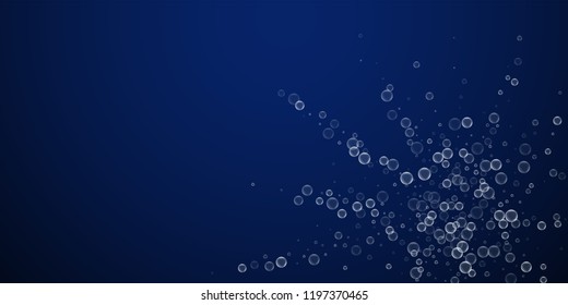 Soap bubbles abstract background. Blowing bubbles on dark blue night background. Breathtaking soapy foam overlay template. Extra vector illustration.