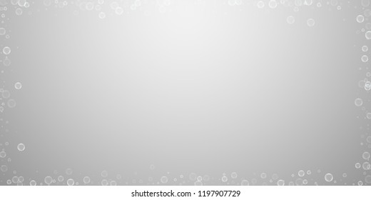 Soap bubbles abstract background. Blowing bubbles on light grey background. Breathtaking soapy foam overlay template. Lovely vector illustration.