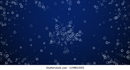 Soap bubbles abstract background. Blowing bubbles on dark blue night background. Breathtaking soapy foam overlay template. Dazzling vector illustration.