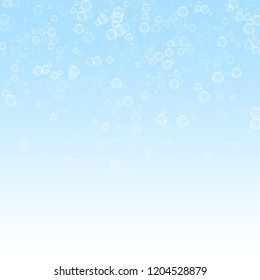 Soap bubbles abstract background. Blowing bubbles on winter sky background. Bold soapy foam overlay template. Graceful vector illustration.