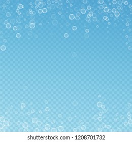 Soap bubbles abstract background. Blowing bubbles on blue transparent background. Bold soapy foam overlay template. Cute vector illustration.