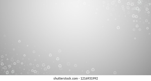 Soap bubbles abstract background. Blowing bubbles on light grey background. Breathtaking soapy foam overlay template. Classic vector illustration.