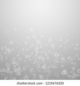 Soap bubbles abstract background. Blowing bubbles on light grey background. Bold soapy foam overlay template. Magnetic vector illustration.