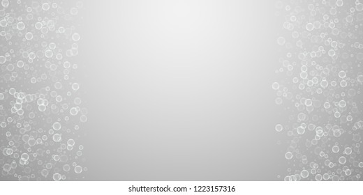 Soap bubbles abstract background. Blowing bubbles on light grey background. Breathtaking soapy foam overlay template. Beauteous vector illustration.