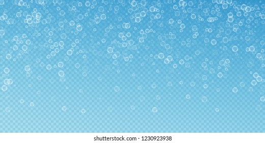 Soap bubbles abstract background. Blowing bubbles on transparent blue background. Artistic soapy foam overlay template. Excellent vector illustration.