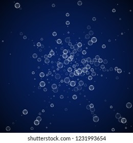Soap bubbles abstract background. Blowing bubbles on dark blue night background. Bold soapy foam overlay template. Admirable vector illustration.