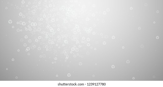 Soap bubbles abstract background. Blowing bubbles on light grey background. Artistic soapy foam overlay template. Delicate vector illustration.