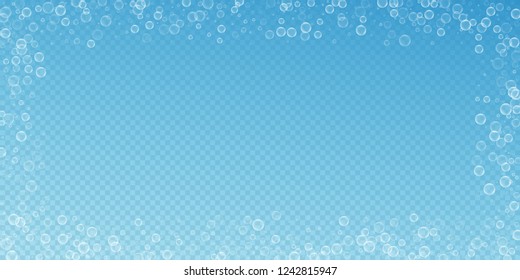 Soap bubbles abstract background. Blowing bubbles on transparent blue background. Artistic soapy foam overlay template. Worthy vector illustration.