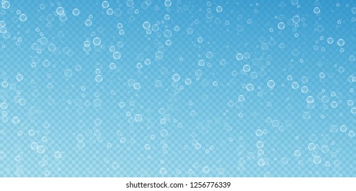 Soap bubbles abstract background. Blowing bubbles on transparent blue background. Artistic soapy foam overlay template. Stylish vector illustration.