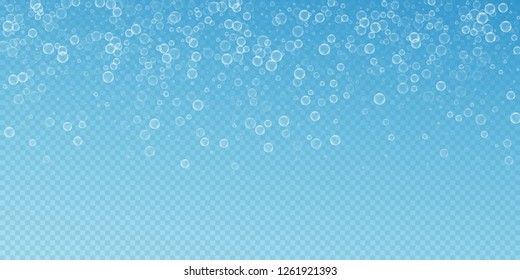 Soap bubbles abstract background. Blowing bubbles on transparent blue background. Astonishing soapy foam overlay template. Breathtaking vector illustration.