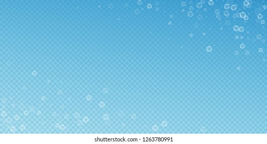 Soap bubbles abstract background. Blowing bubbles on blue transparent background. Breathtaking soapy foam overlay template. Captivating vector illustration.