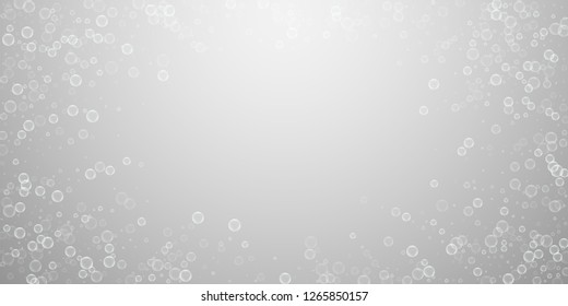 Soap bubbles abstract background. Blowing bubbles on light grey background. Astonishing soapy foam overlay template. Lovely vector illustration.