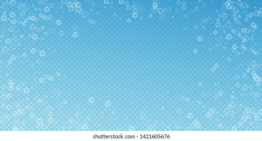 Soap bubbles abstract background. Blowing bubbles on transparent blue background. Astonishing soapy foam overlay template. Magnificent vector illustration.