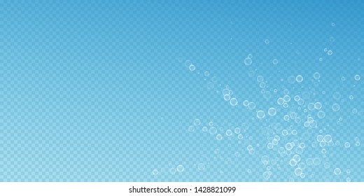 Soap bubbles abstract background. Blowing bubbles on blue transparent background. Breathtaking soapy foam overlay template. Exquisite vector illustration.